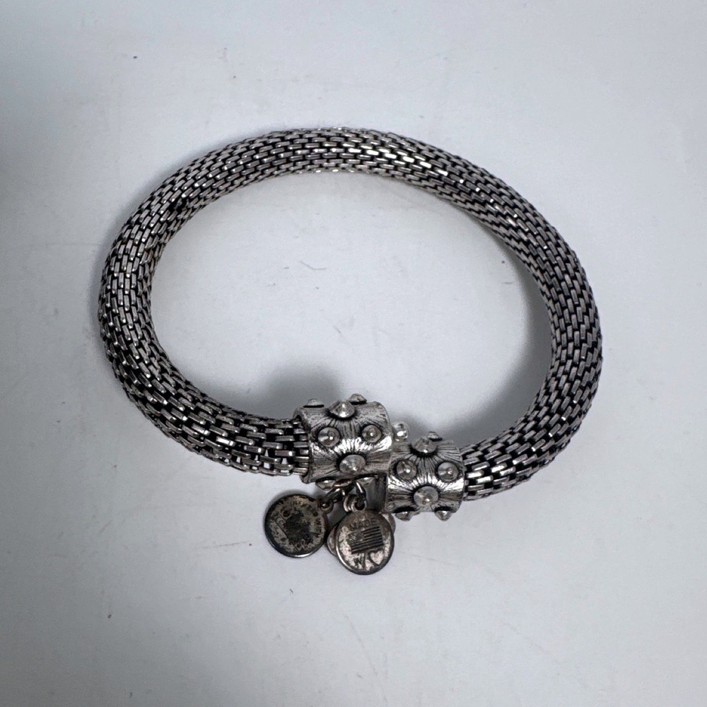 Alex and Ani Vintage Sixty-Six Silver Mesh Wrap Bangle Bracelet Studded Charms